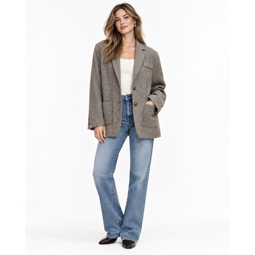 Nasty Gal Collection Brown Herringbone Wool Blend Oversized Blazer Size L